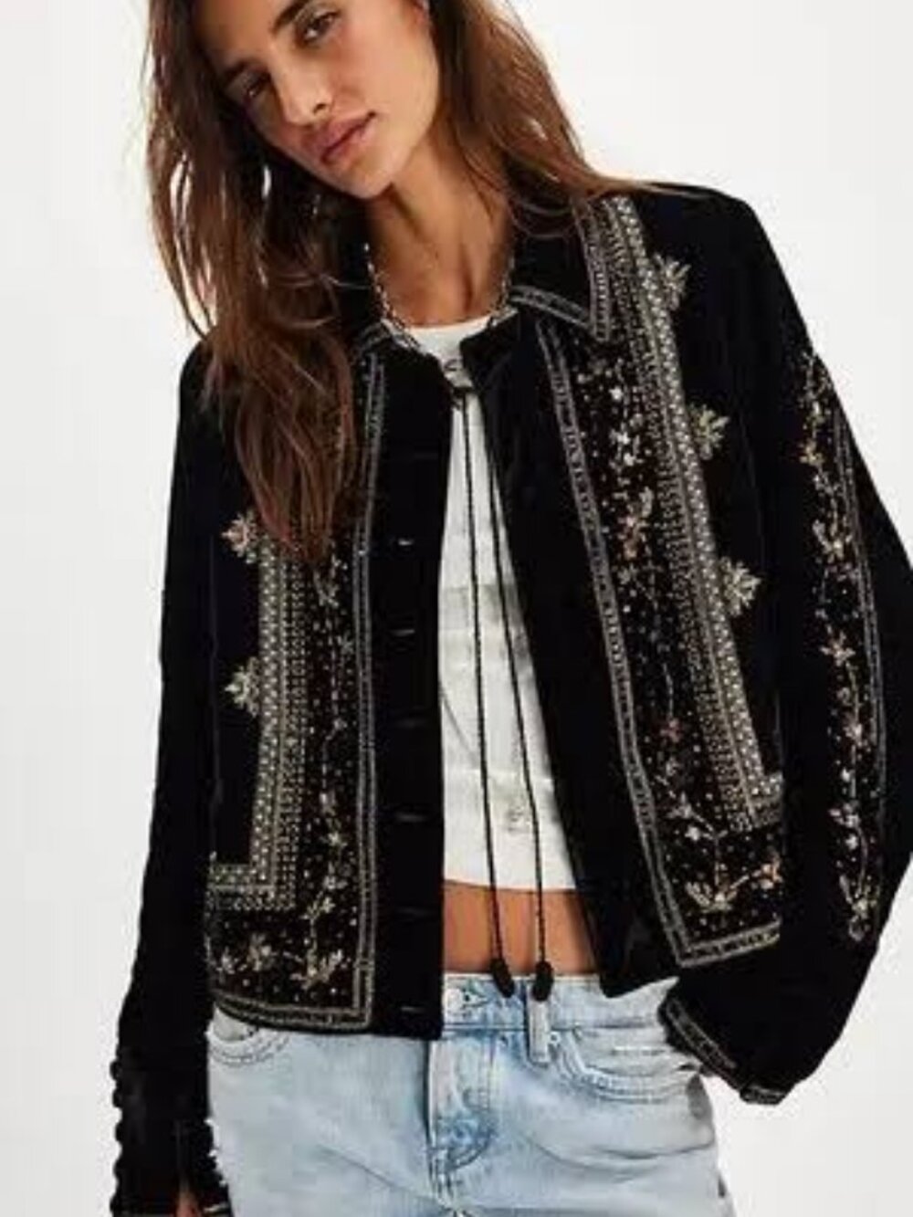 FREE PEOPLE Maxxie Embellished Velvet Jacket | Black ** Size XS